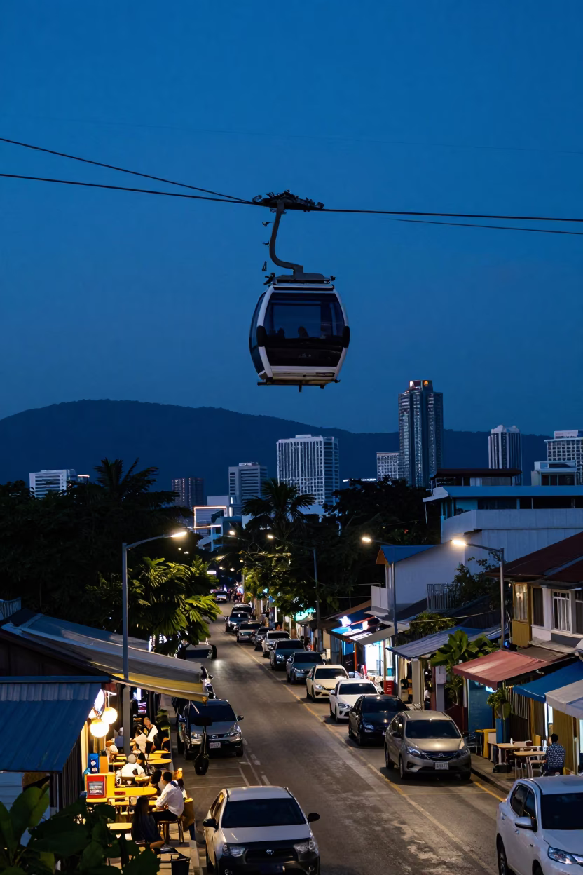 Phuket Thailand Blue Hour Street Scene with Cable Car and Local Dining in in Phuket, Thailand