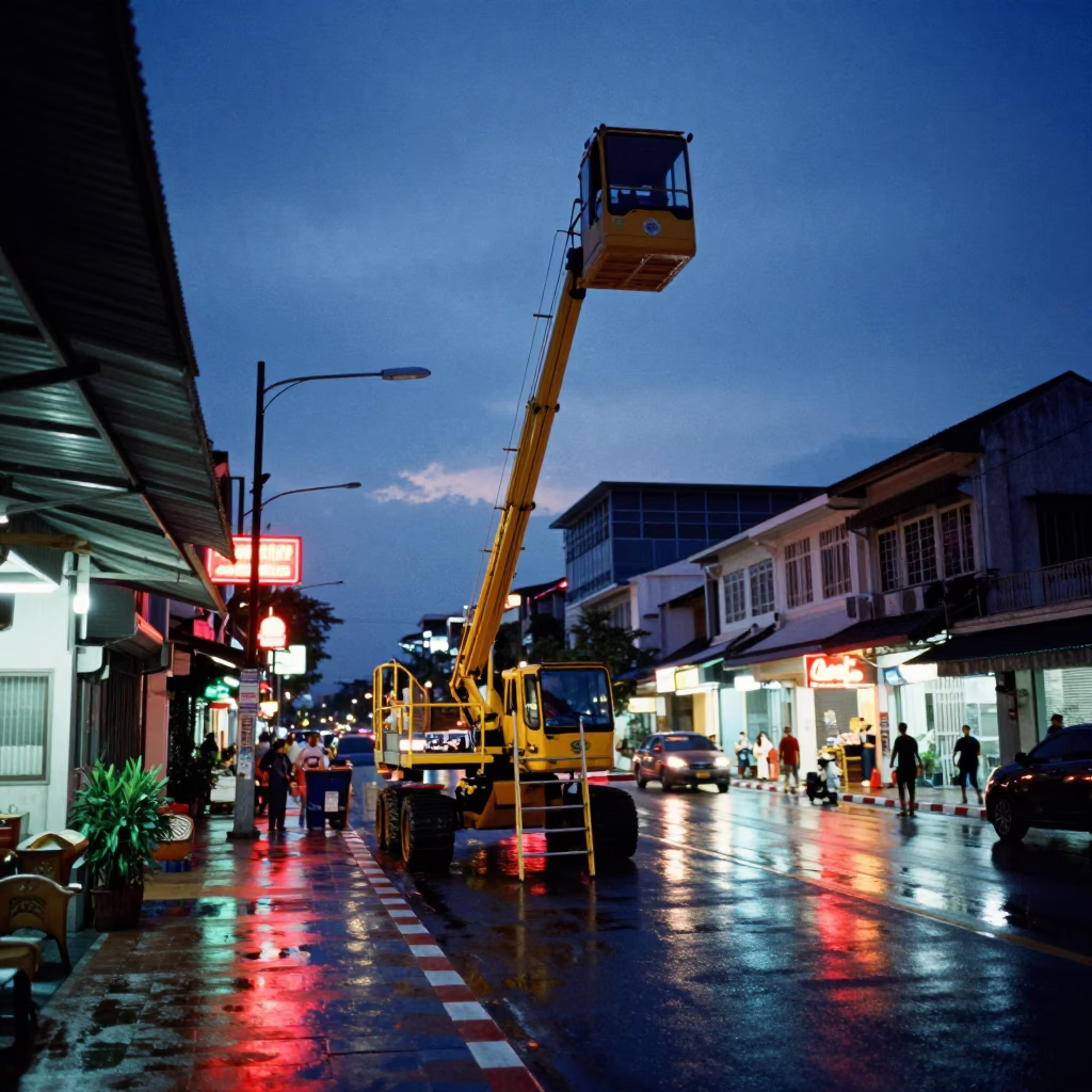 Phuket Thailand Blue Hour Street Scene with Construction Elevator and Ladder in in Phuket, Thailand