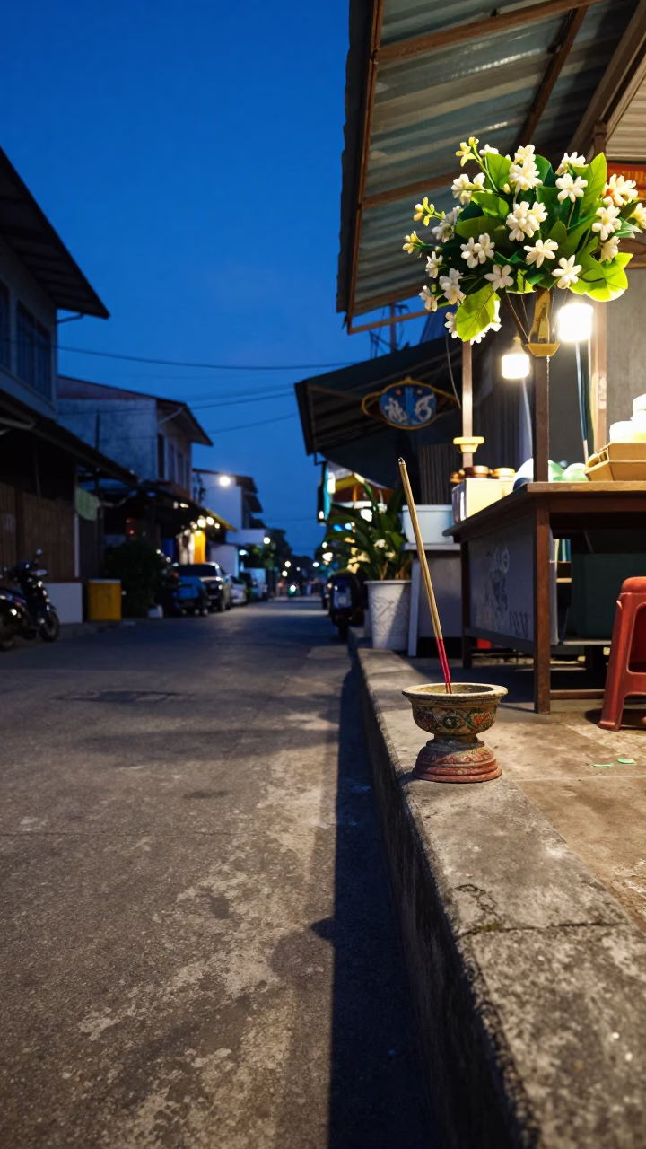 Phuket Thailand Blue Hour Street Scene with Incense Holder and Jasmine in in Phuket, Thailand