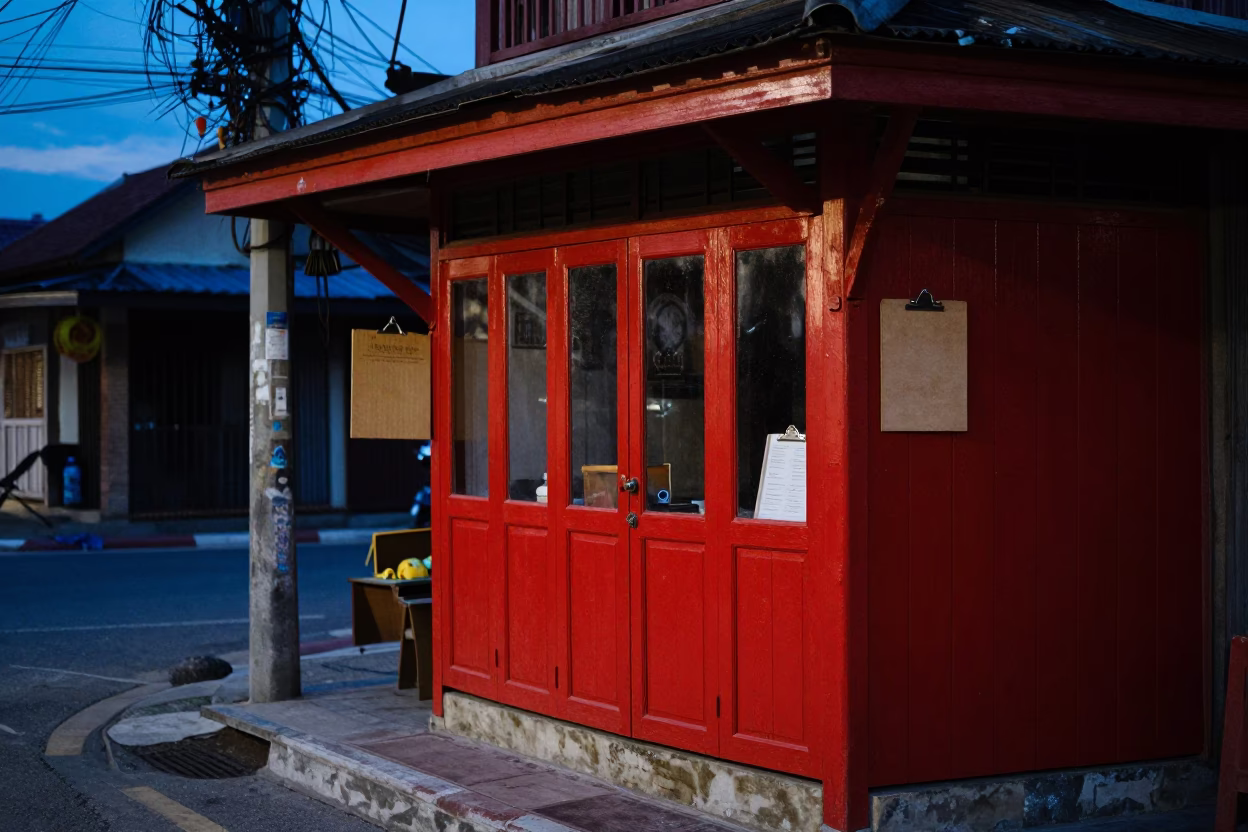 Phuket Thailand Blue Hour Street Scene with Red Lacquered Wood and Clipboard in in Phuket, Thailand