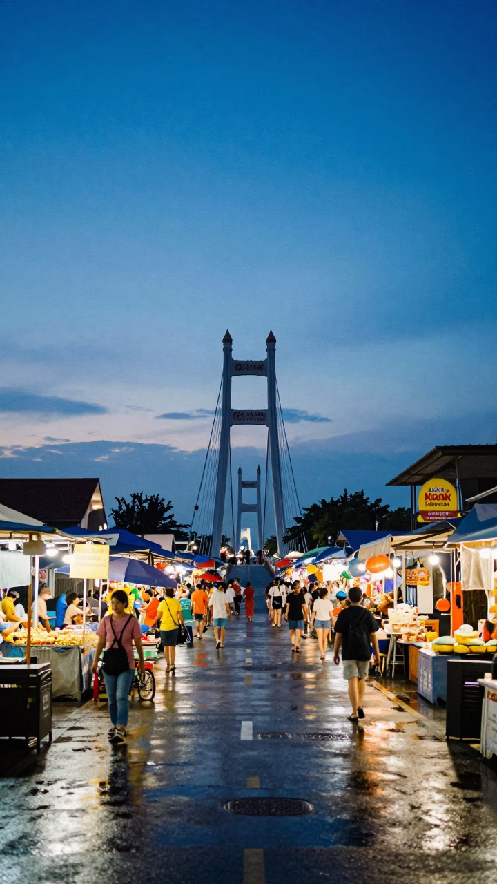 Phuket Thailand Blue Hour Street Scene with Suspension Bridge and Local Market Activity in in Phuket, Thailand