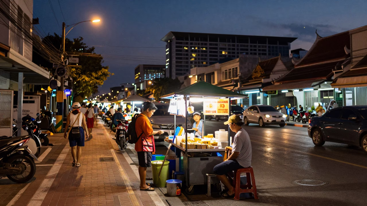 Phuket Thailand City Lights Glow Street Scene with Food Vendor Tray in in Phuket, Thailand