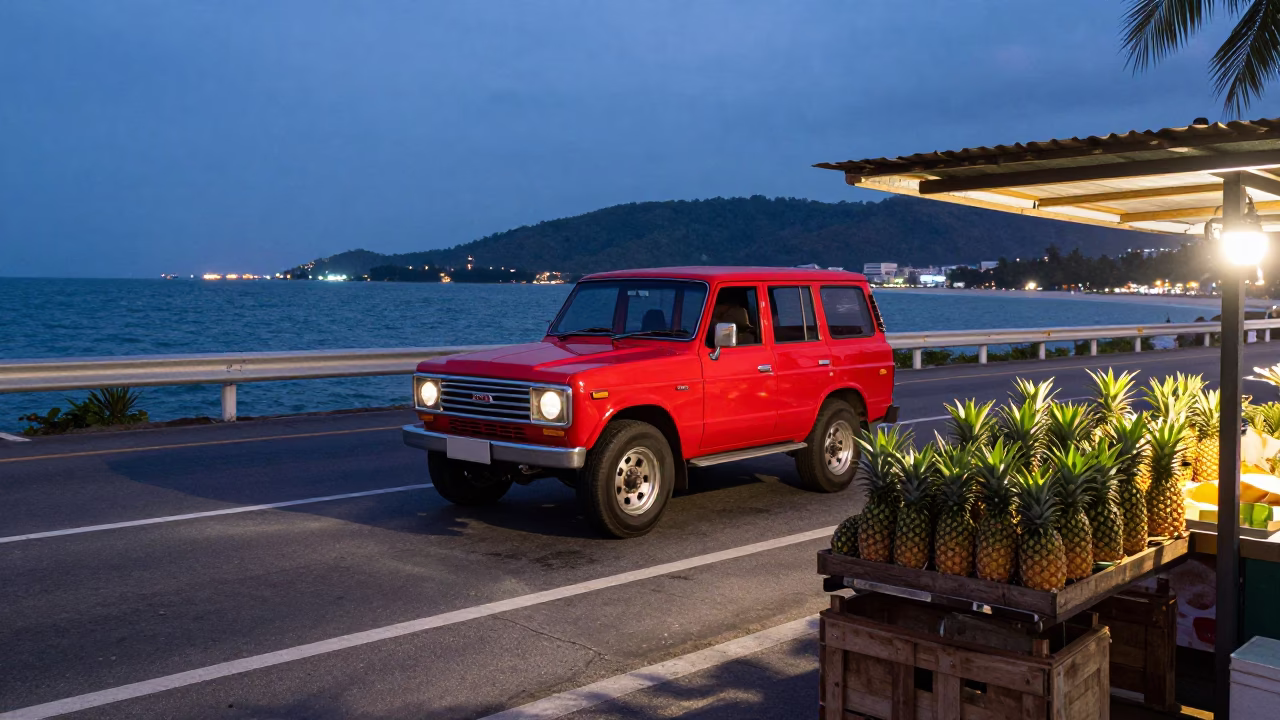 Phuket Thailand coastal highway at dusk with vintage red SUV and distant city lights in in Phuket, Thailand