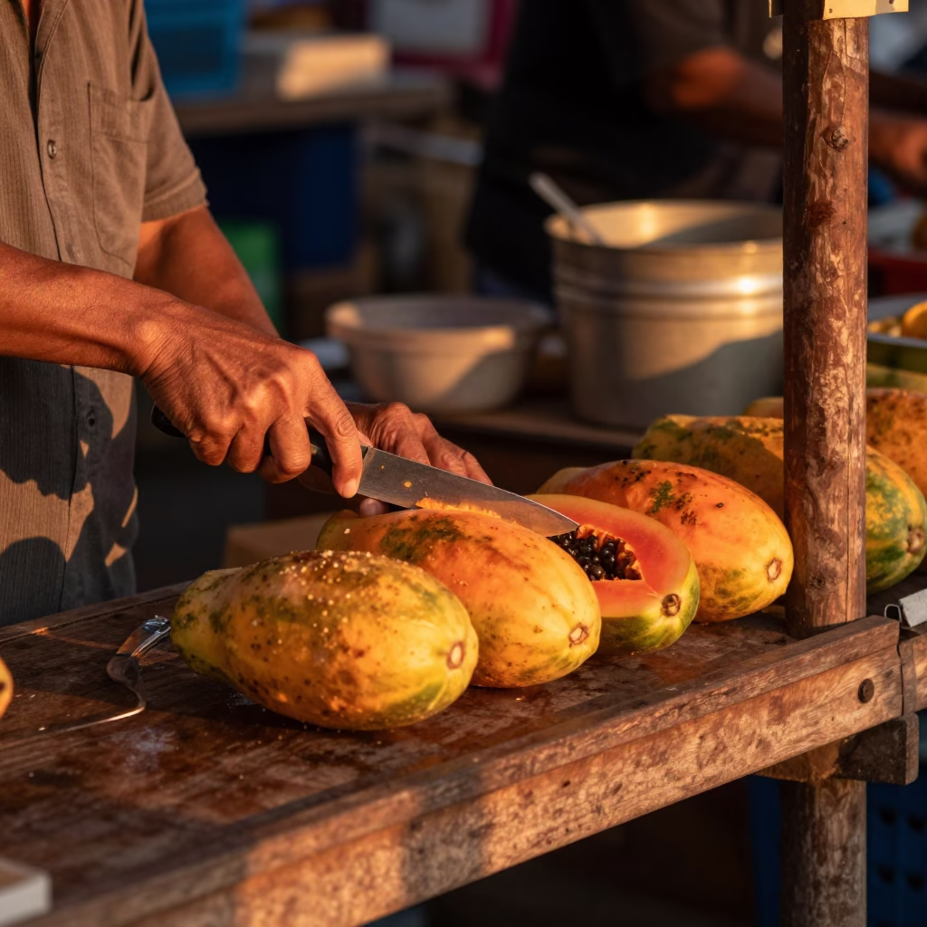 Phuket Thailand Copper Dusk Papaya Fruit Knife Local Market Scene in in Phuket, Thailand