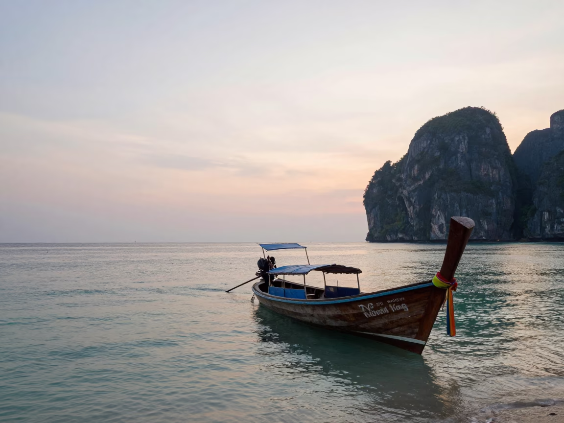 Phuket Thailand Dawn Longtail Boat Limestone Karst First Light Seascape in in Phuket, Thailand