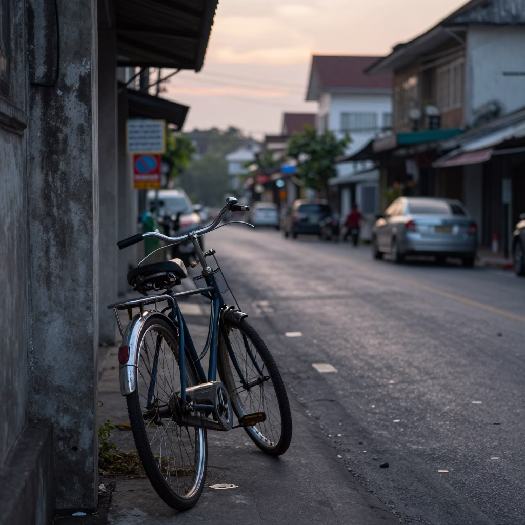 Phuket Thailand Dawn Street Scene with Vintage Bicycle and Local Vendor in in Phuket, Thailand