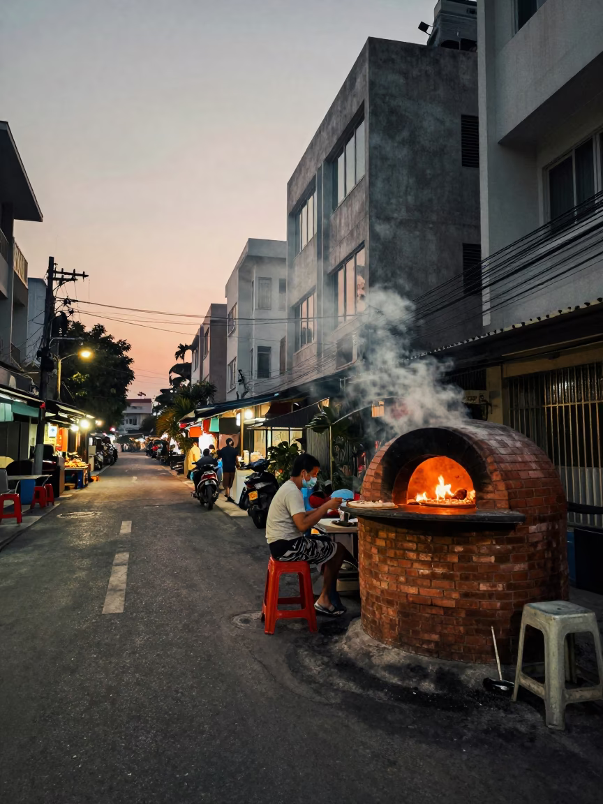 Phuket Thailand Early Evening Street Scene with Brick Oven Pizza and Concrete Apartment Blocks in in Phuket, Thailand