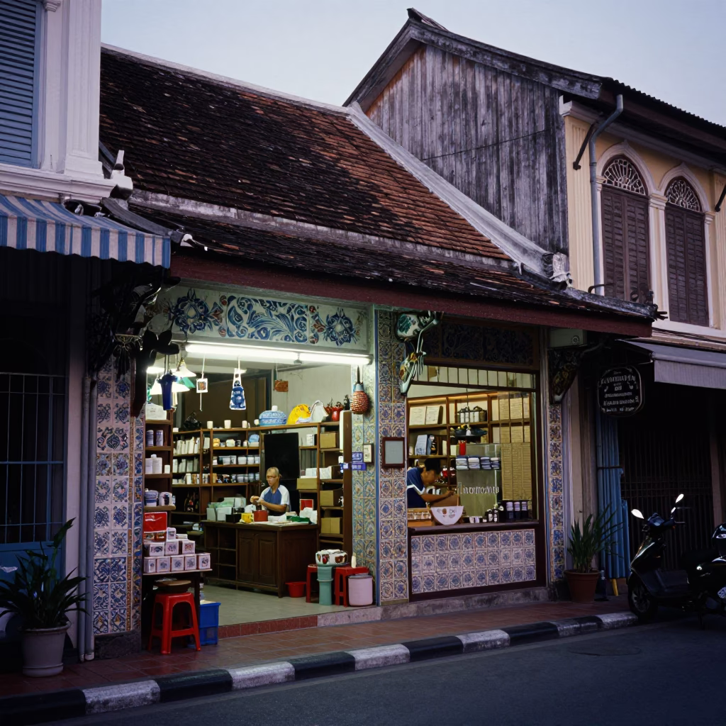 Phuket Thailand Early Evening Street Scene with Ceramic Tiles and Houseplants in in Phuket, Thailand