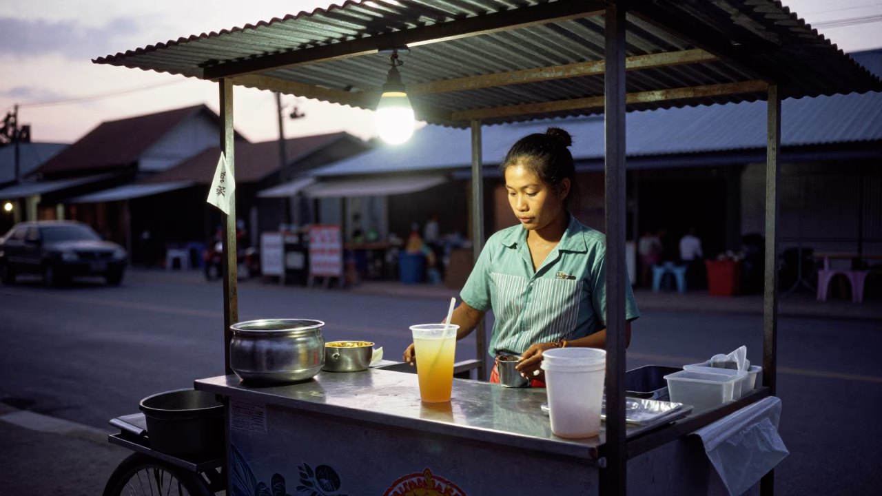 Phuket Thailand early evening street scene with sugarcane juice vendor and local traffic in in Phuket, Thailand