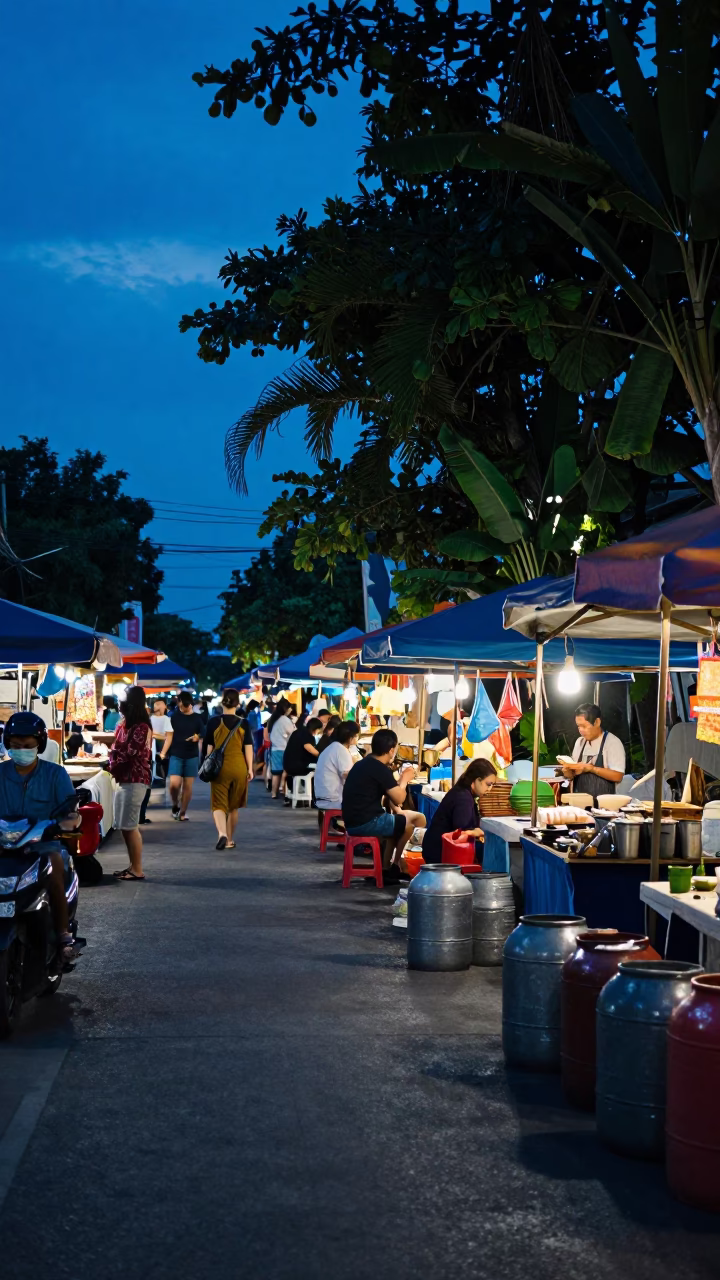 Phuket Thailand Evening Blue Hour Local Market Scene with Canisters and Pruning Shears in in Phuket, Thailand