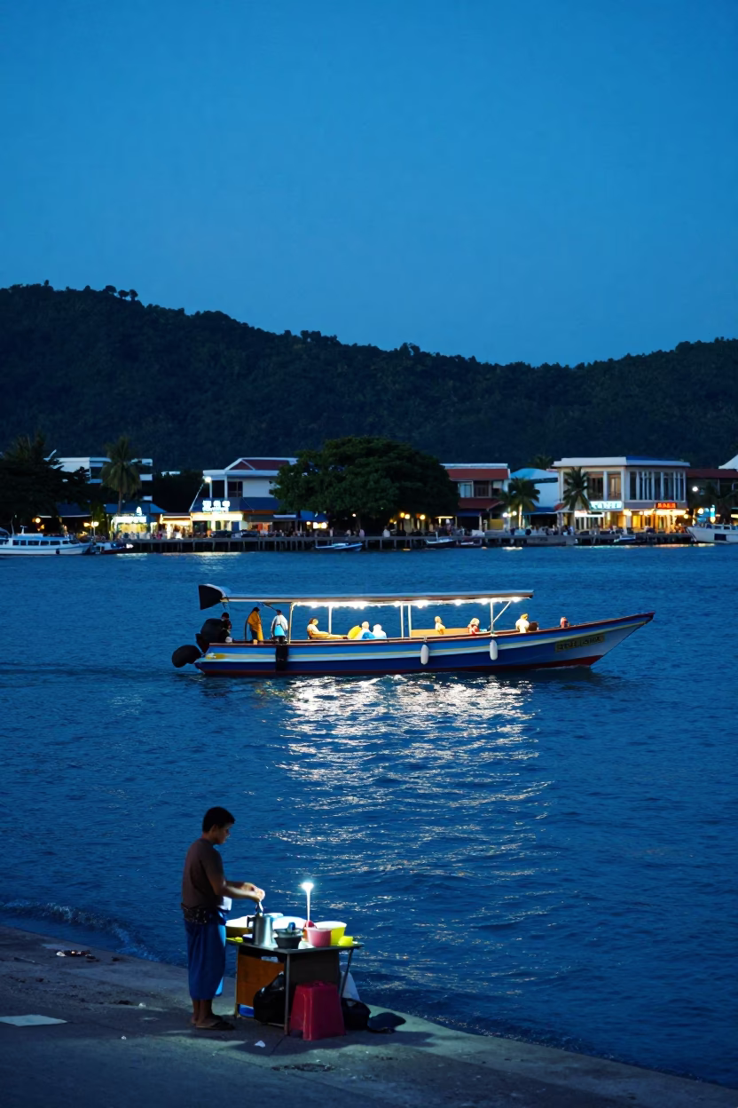 Phuket Thailand Evening Blue Hour Mail Boat Arrival and Tropical Street Scene in in Phuket, Thailand