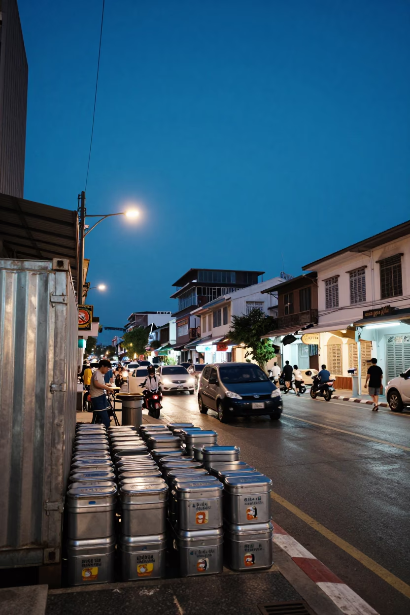 Phuket Thailand Evening Blue Hour Street Scene with Spice Tins and Local Market Life in in Phuket, Thailand