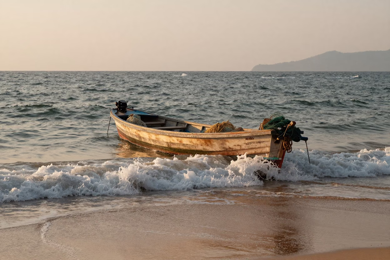Phuket Thailand Evening Harbor Fishing Boat Returning Through Surf Honeyed Light in in Phuket, Thailand