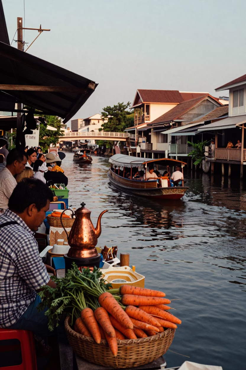 Phuket Thailand Evening Street Scene with Copper Coffee Pot and Carrots in in Phuket, Thailand