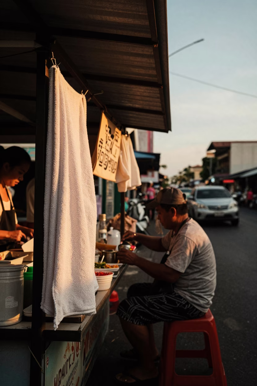 Phuket Thailand Evening Street Scene with Local Vendor and Hanging Towel in in Phuket, Thailand