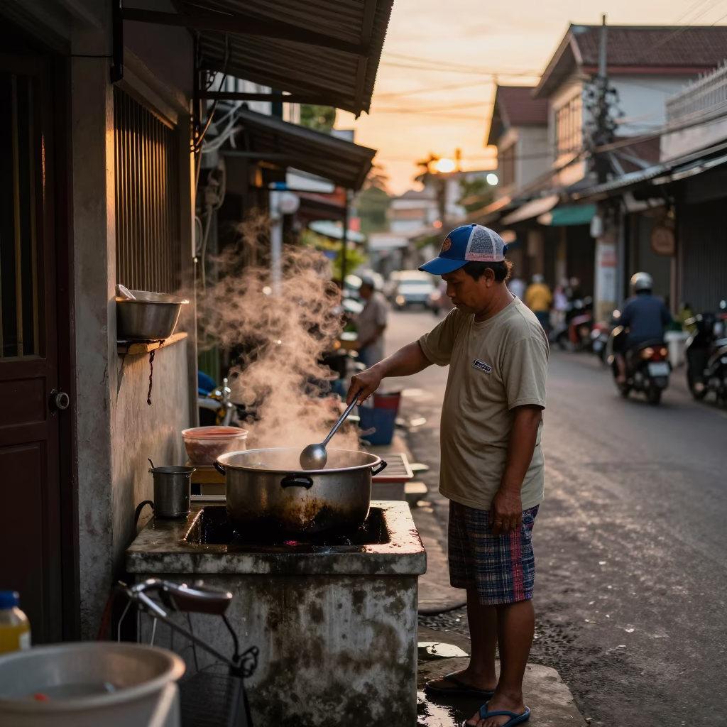 Phuket Thailand Evening Street Scene with Local Vendor and Traditional Wash Basin in in Phuket, Thailand