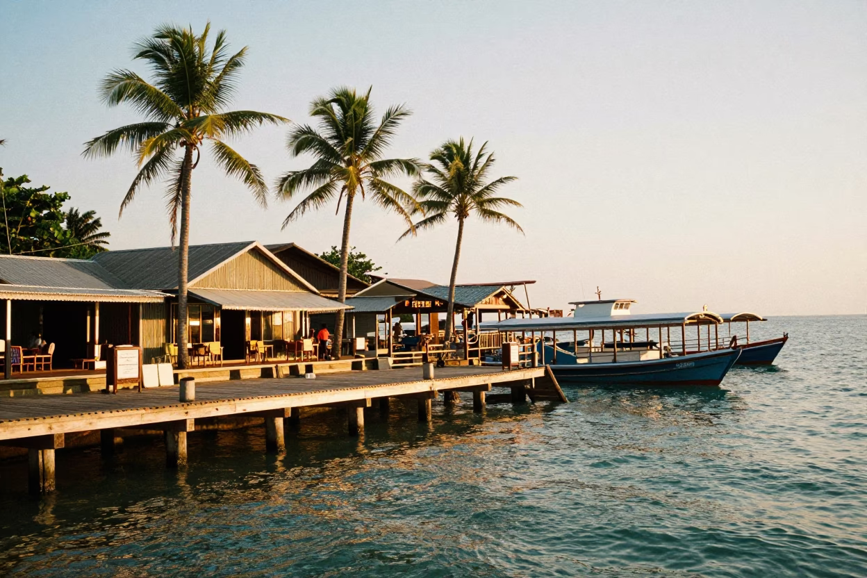 Phuket Thailand Golden Hour Ferry Dock Scene with Palm Trees and Local Activity in in Phuket, Thailand