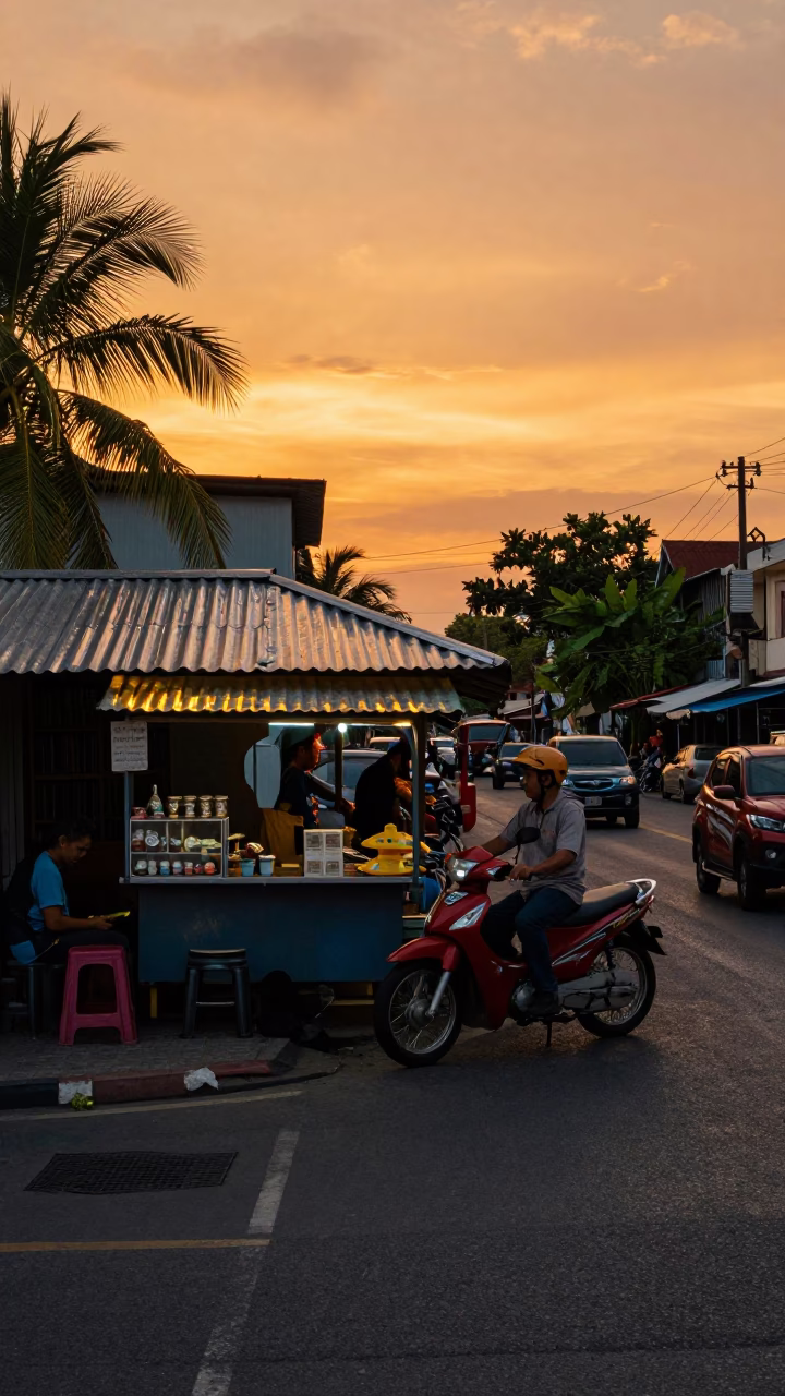 Phuket Thailand Golden Hour Street Scene with Local Vendor and Tropical Light in in Phuket, Thailand