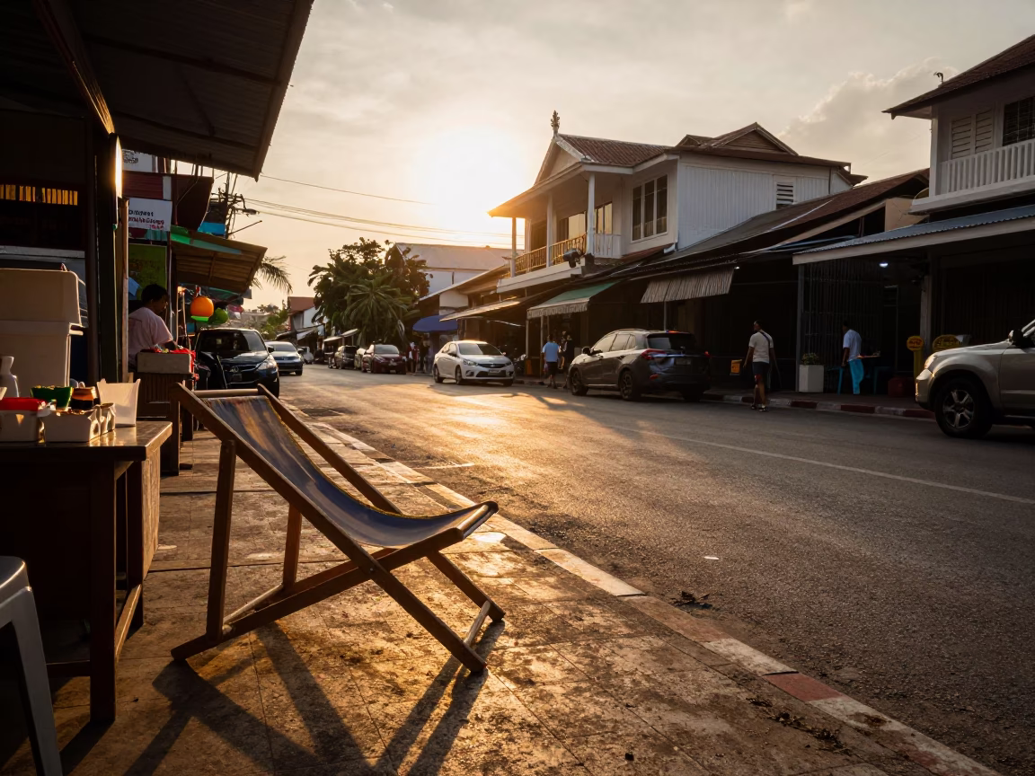 Phuket Thailand Honeyed Evening Street Scene with Deck Chair and Local Life in in Phuket, Thailand