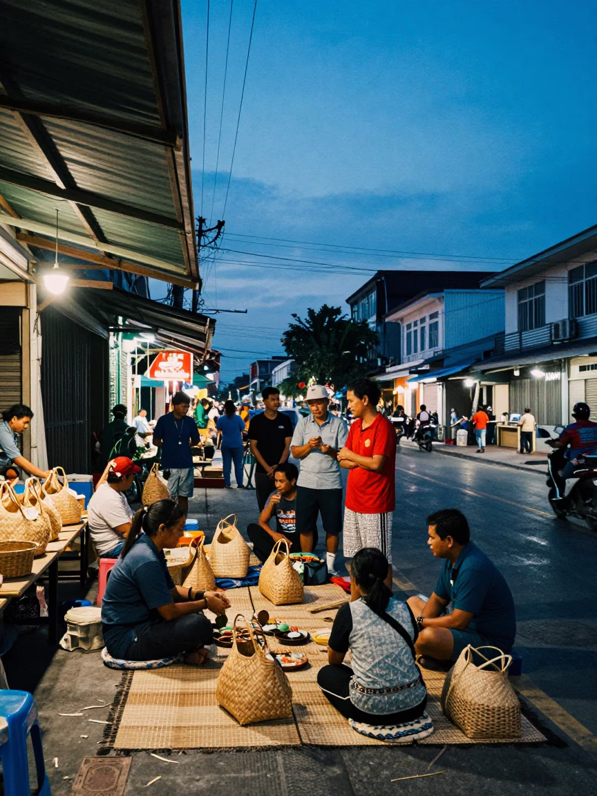 Phuket Thailand indigo twilight street scene with locals and woven mats in in Phuket, Thailand