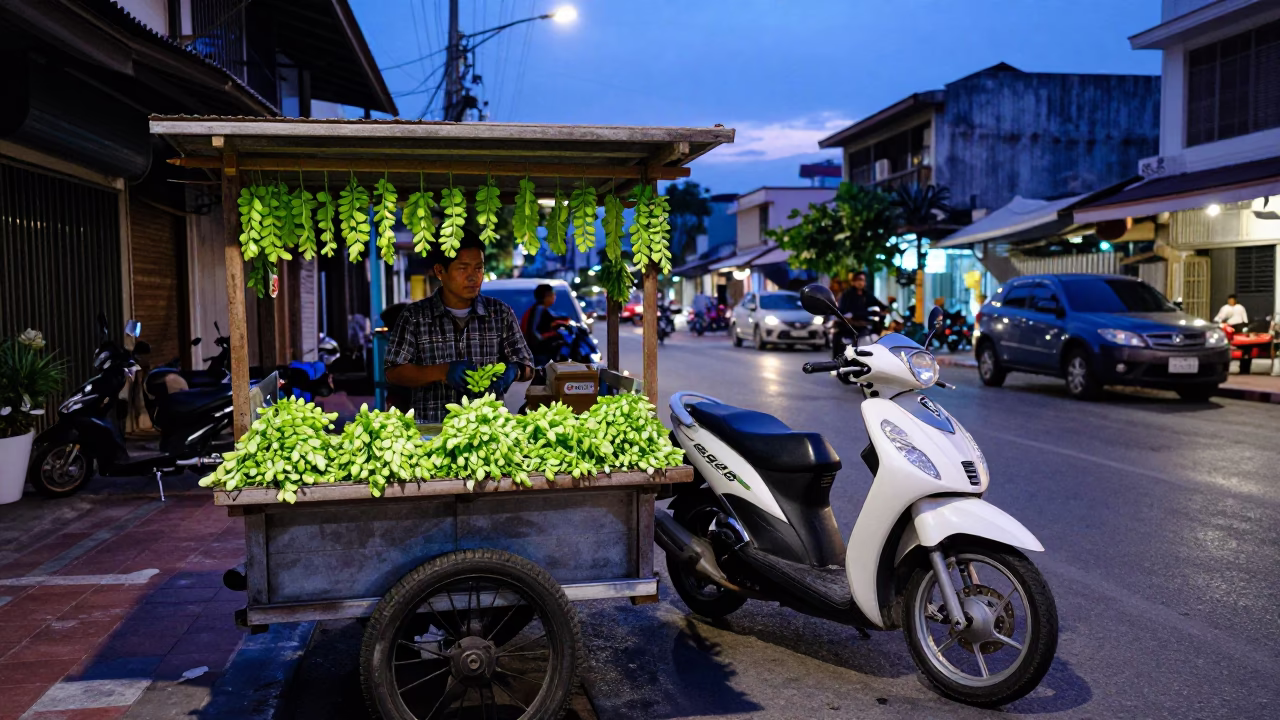 Phuket Thailand Indigo Twilight Street Scene with Scooter and Local Life in in Phuket, Thailand