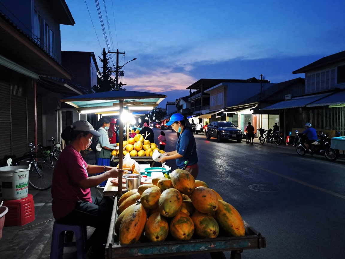Phuket Thailand indigo twilight street scene with vendors and papayas in in Phuket, Thailand