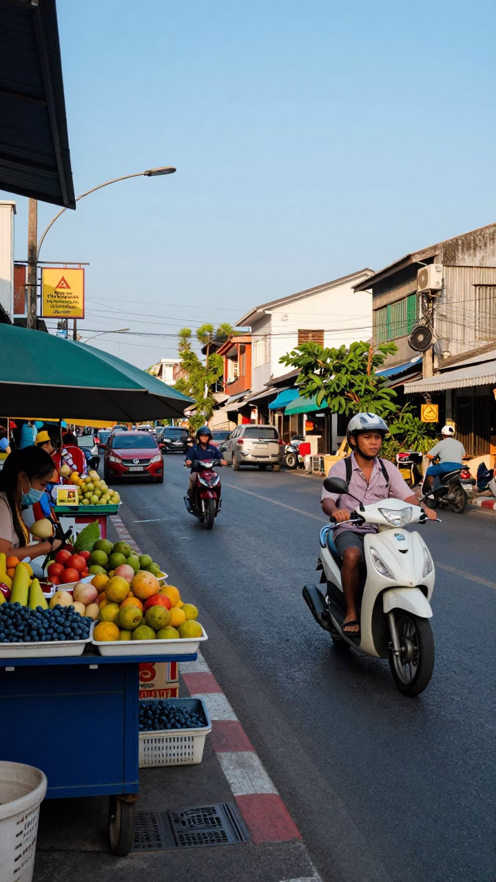 Phuket Thailand Late Afternoon Street Scene with Blueberries and Scooter Traffic in in Phuket, Thailand