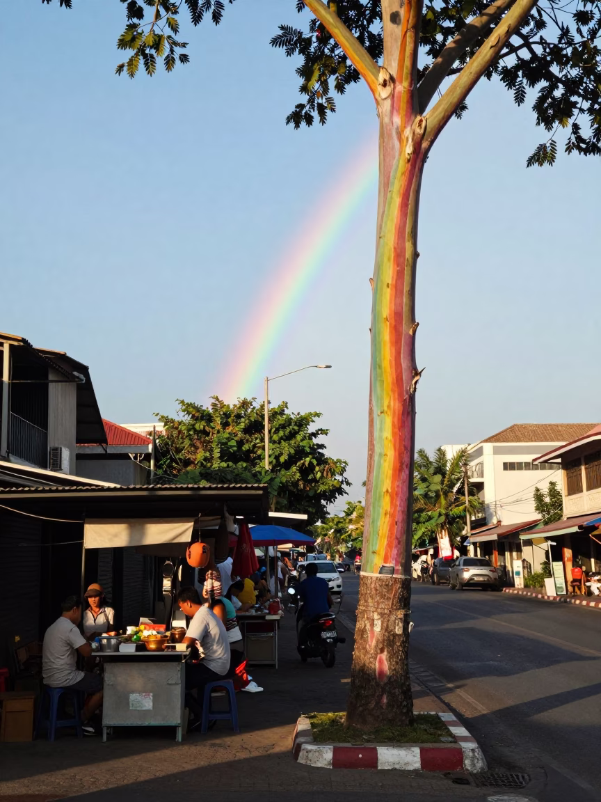 Phuket Thailand Late Afternoon Street Scene with Rainbow Eucalyptus and Coconuts in in Phuket, Thailand