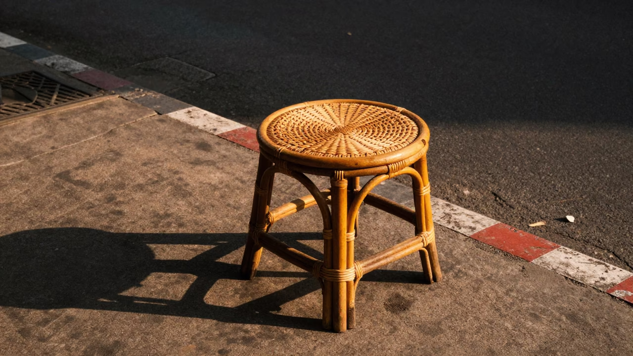 Phuket Thailand Late Afternoon Street Scene with Rattan Stool and Paper Lanterns in in Phuket, Thailand