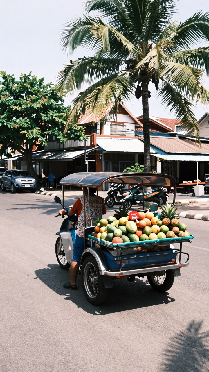 Phuket Thailand midday street scene with local vendor and tropical surroundings in in Phuket, Thailand