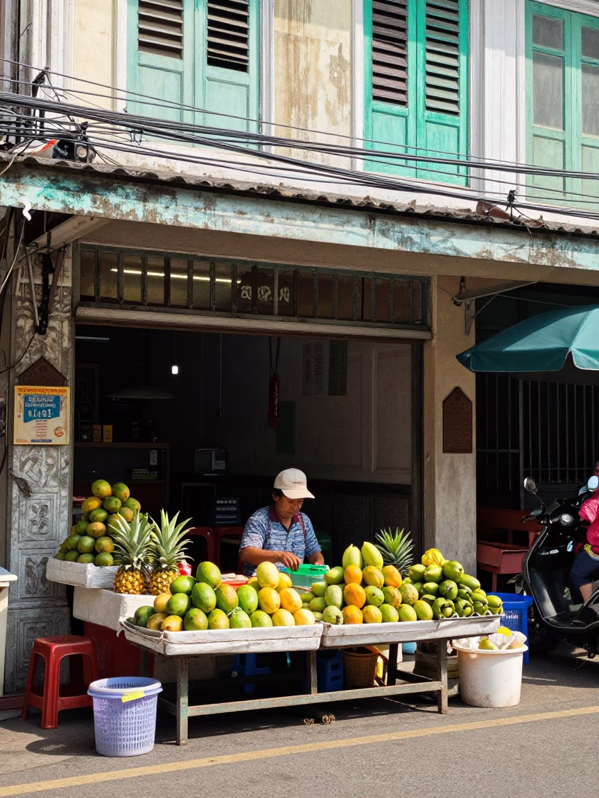 Phuket Thailand midmorning street scene with vendor and local market activity in in Phuket, Thailand
