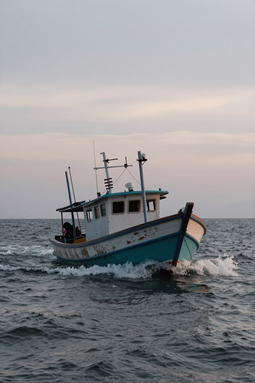 Phuket Thailand Nautical Dawn Fishing Trawler in Heavy Seas Local Harbor Scene in in Phuket, Thailand