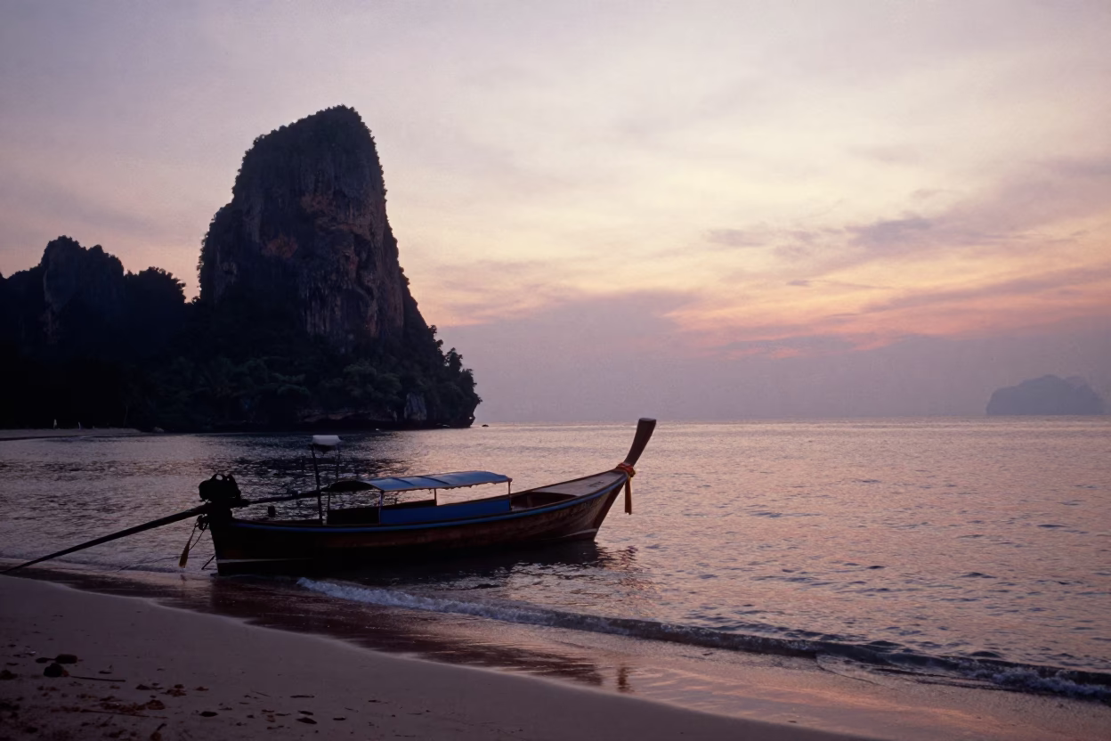 Phuket Thailand Nautical Dawn Longtail Boat Limestone Island Beach Coastal Scene in in Phuket, Thailand