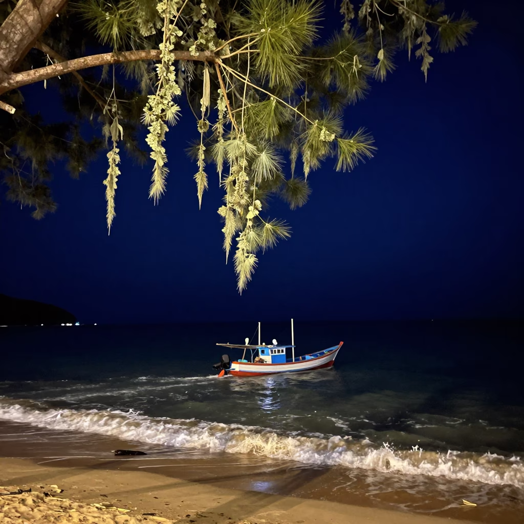 Phuket Thailand Night Street Scene Fishing Boat Surf and Lichen in in Phuket, Thailand
