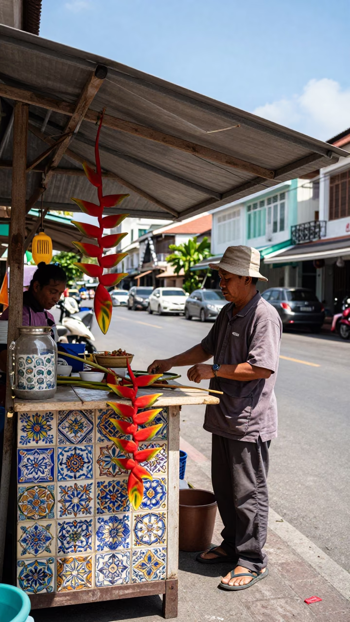 Phuket Thailand Noon Street Scene with Heliconia and Ceramic Tiles in in Phuket, Thailand
