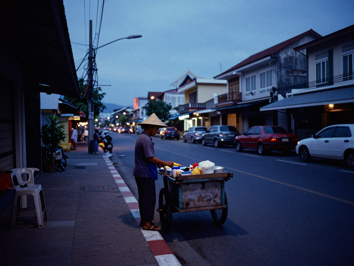 Phuket Thailand Pre-Dawn Street Scene with Local Vendor and Vintage Elements in in Phuket, Thailand