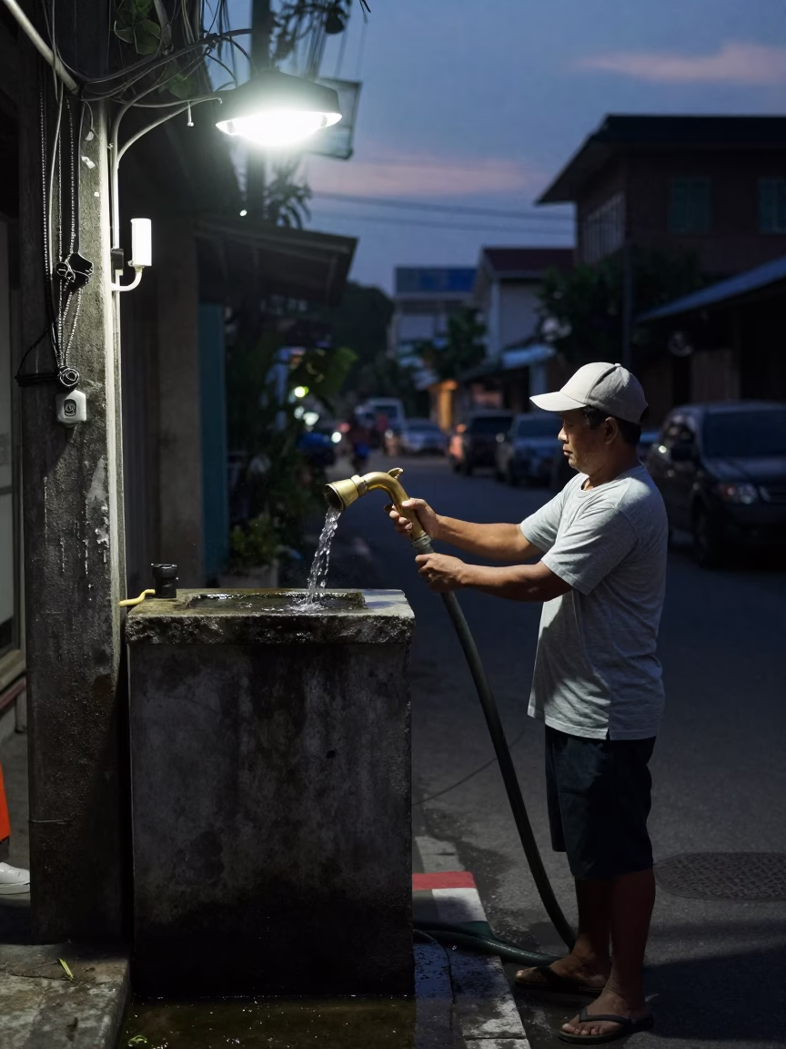 Phuket Thailand Predawn Street Scene with Hose Nozzle and Glass Bowl in in Phuket, Thailand