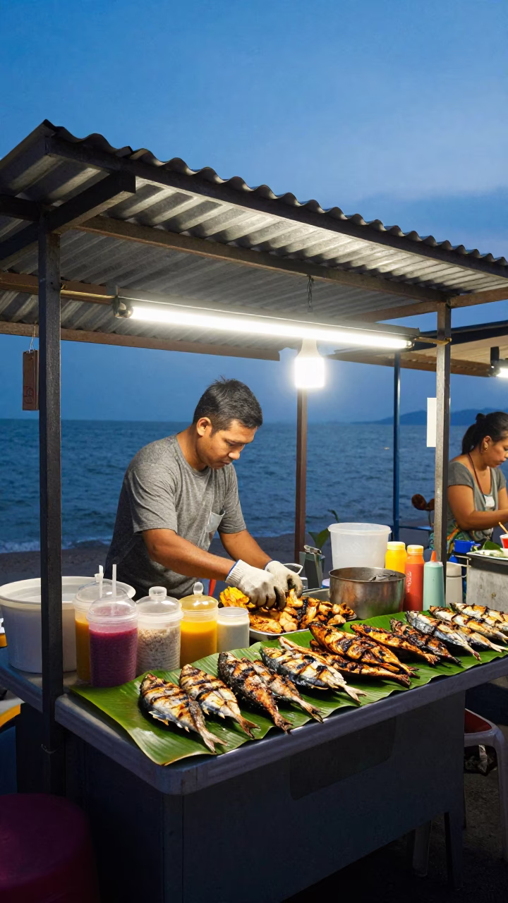 Phuket Thailand street food stall at blue hour with grilled fish and condiments in in Phuket, Thailand