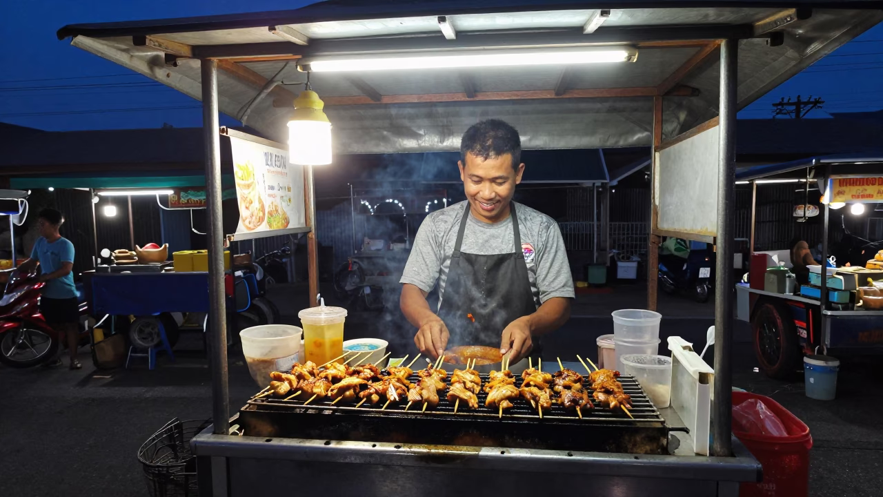 Phuket Thailand Street Food Vendor Preparing Late Night Snacks Under Streetlamp Glow in in Phuket, Thailand