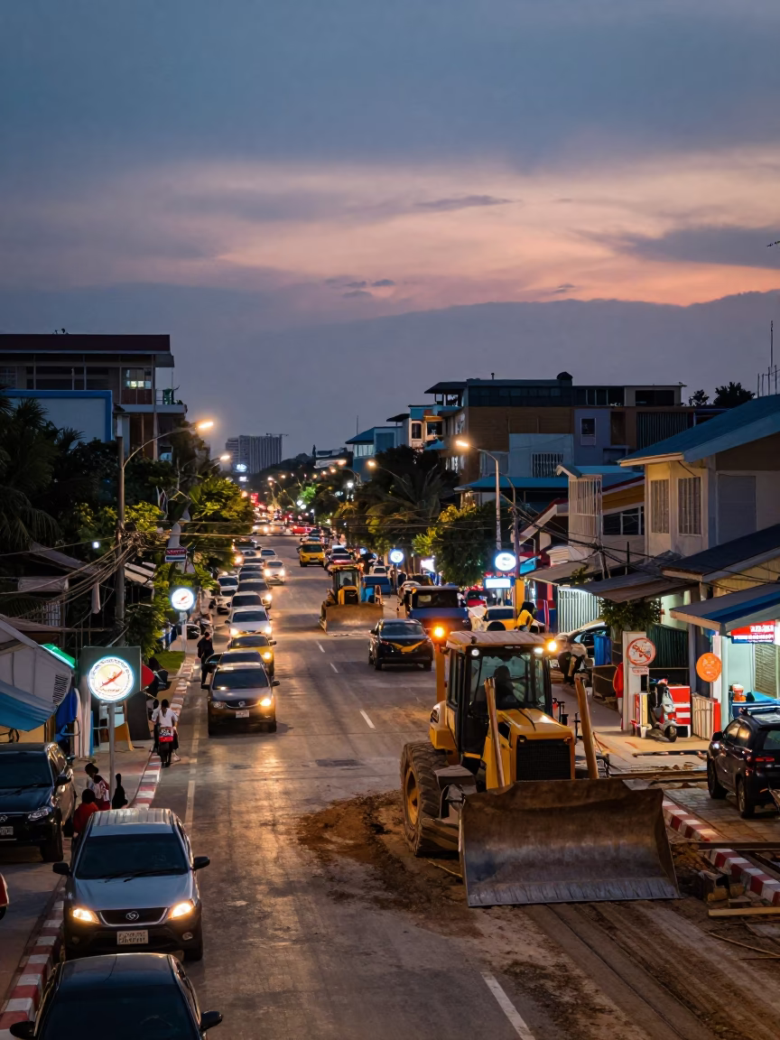 Phuket Thailand Street Scene at Dusk with Construction and Local Commerce in in Phuket, Thailand