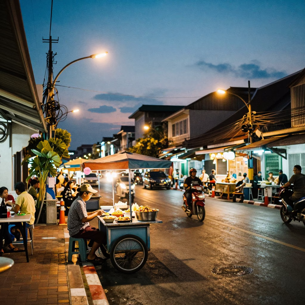 Phuket Thailand street scene at dusk with green curry and plumbago hedge in in Phuket, Thailand