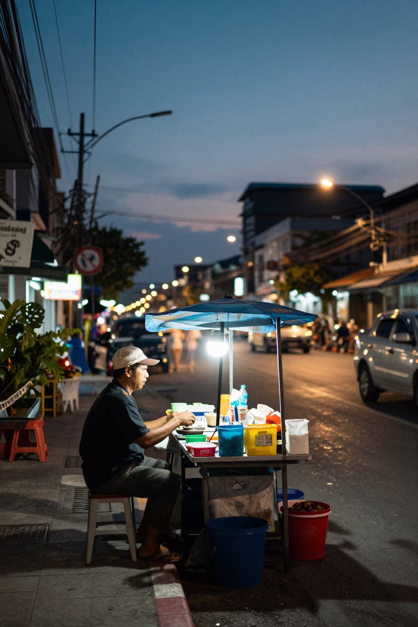 Phuket Thailand street scene at dusk with local vendor and glowing city lights in in Phuket, Thailand