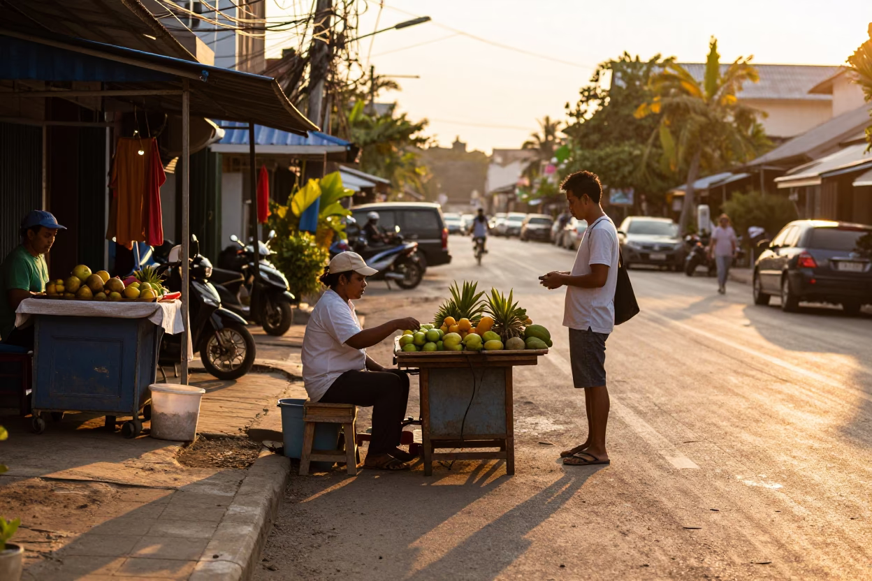 Phuket Thailand Street Scene at Sunset with Local Vendor and Traditional Items in in Phuket, Thailand