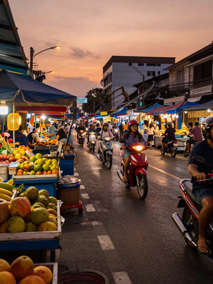 Phuket Thailand Street Scene Copper Dusk Light Busy Market Atmosphere in in Phuket, Thailand