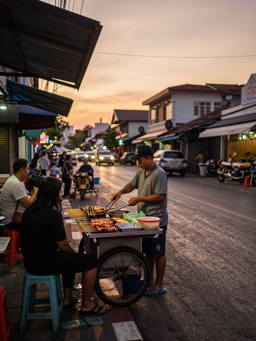 Phuket Thailand Street Scene Copper Dusk Light with Local Vendor and Vintage Details in in Phuket, Thailand