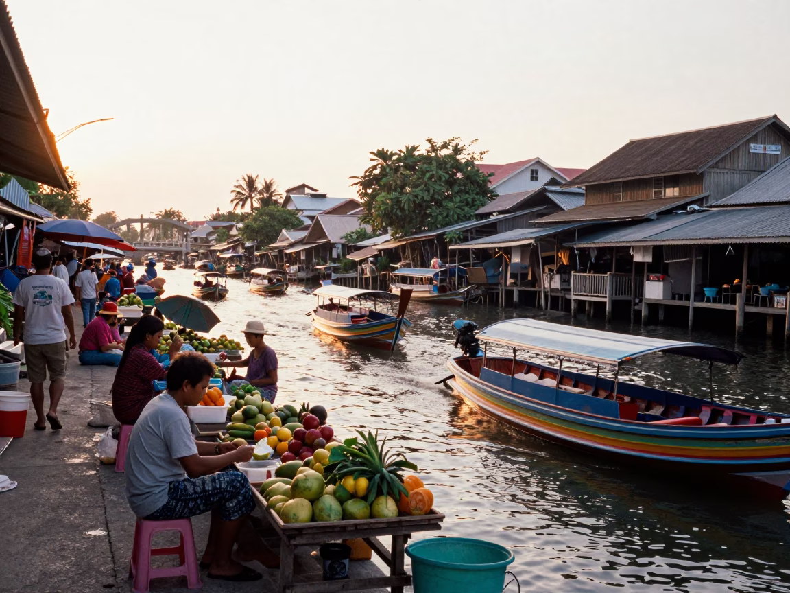 Phuket Thailand street scene just after sunrise with local vendors and traditional longtail boats in in Phuket, Thailand