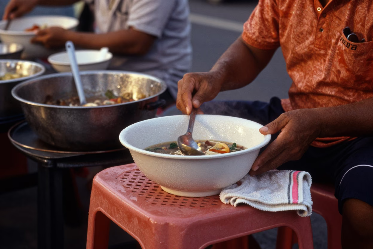 Phuket Thailand Street Scene with Condensation Bowl and Dish Towel Before Dusk in in Phuket, Thailand