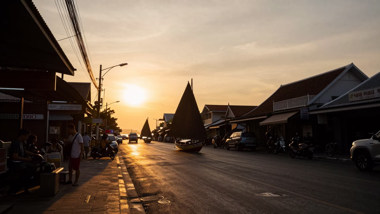 Phuket Thailand street scene with dhow boat silhouette at sunset in in Phuket, Thailand