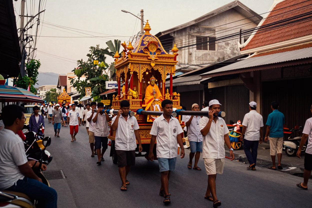 Phuket Thailand street scene with processional float in honeyed evening light in in Phuket, Thailand