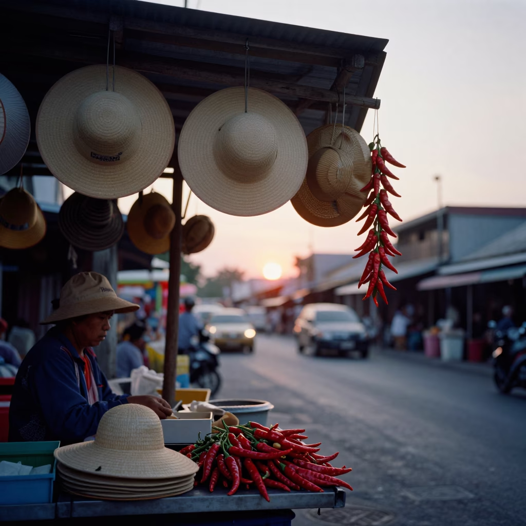 Phuket Thailand Street Scene with Sun Hats and Chili Peppers at Sunset in in Phuket, Thailand